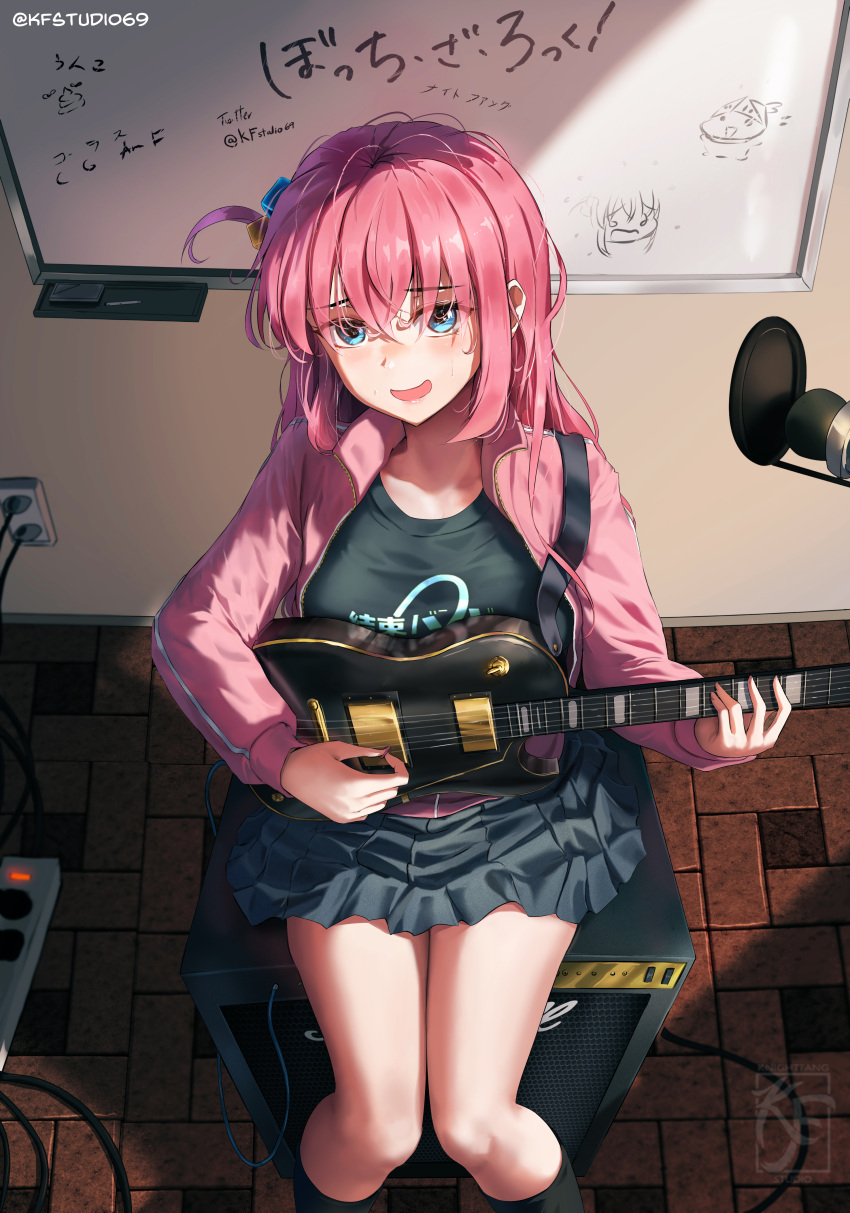 1girl absurdres artist_name black_shirt black_socks blue_eyes blush bocchi_the_rock! commentary cube_hair_ornament electric_plug electrical_outlet english_commentary gotoh_hitori grey_skirt hair_between_eyes hair_ornament hair_over_eyes highres holding holding_instrument indoors instrument jacket kneehighs knightfang long_hair long_sleeves looking_at_viewer looking_up microphone music one_side_up open_mouth partially_unzipped pink_hair pink_jacket playing_instrument pleated_skirt shadow shirt sitting skirt socks solo speaker t-shirt thighs track_jacket translation_request twitter_username watermark whiteboard