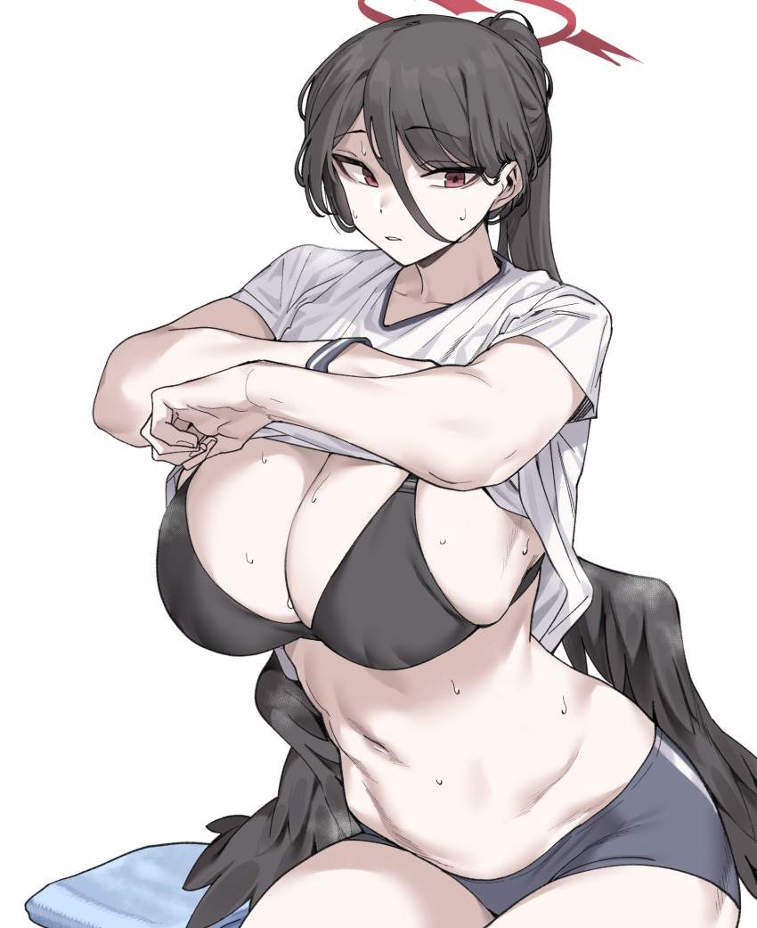 1girl black_hair black_wings blue_archive breasts cleavage clothes_lift feathered_wings gym_uniform halo hasumi_(blue_archive) hasumi_(gym_uniform)_(blue_archive) highres large_breasts lifted_by_self long_hair mechanical_halo ponytail red_eyes shirt shirt_lift short_shorts shorts solo sweat undressing urec white_shirt wings