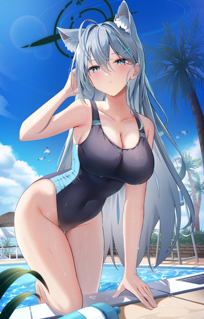 1girl absurdres adjusting_hair ahoge animal_ear_fluff animal_ears arm_support black_one-piece_swimsuit blue_archive blue_eyes blue_sky blush breasts cleavage collarbone competition_swimsuit cross_hair_ornament extra_ears grey_hair groin hair_ornament halo highres large_breasts li_se long_hair looking_at_viewer one-piece_swimsuit outdoors parted_lips pool shiroko_(blue_archive) shiroko_terror_(blue_archive) sky solo swimsuit wolf_ears
