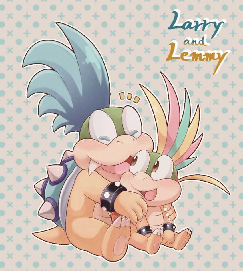 aaaaiueo76 blue_hair bracelet brothers brown_eyes character_name closed_eyes highres jewelry larry_koopa lemmy_koopa male_focus mario_(series) multicolored_hair open_mouth siblings simple_background sitting spiked_bracelet spikes