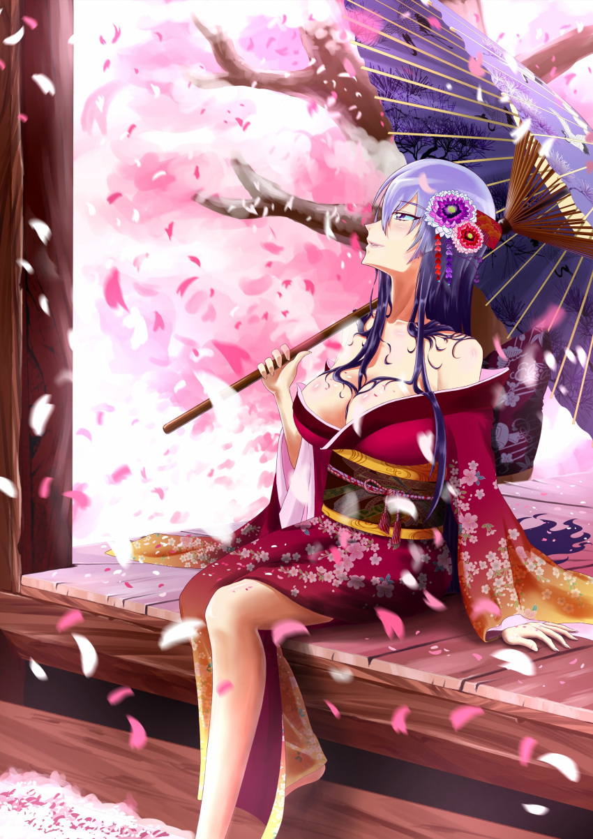 1girl absurdres arm_support bare_shoulders blush branch breasts cherry_blossoms cleavage commentary_request feet_out_of_frame floral_print floral_print_kimono flower hair_flower hair_ornament highres holding holding_umbrella japanese_clothes kimono large_breasts long_hair long_sleeves obi off_shoulder oil-paper_umbrella original parted_lips petals pink_flower purple_eyes purple_hair sash sion_(banerye123456) sitting solo umbrella veranda wide_sleeves