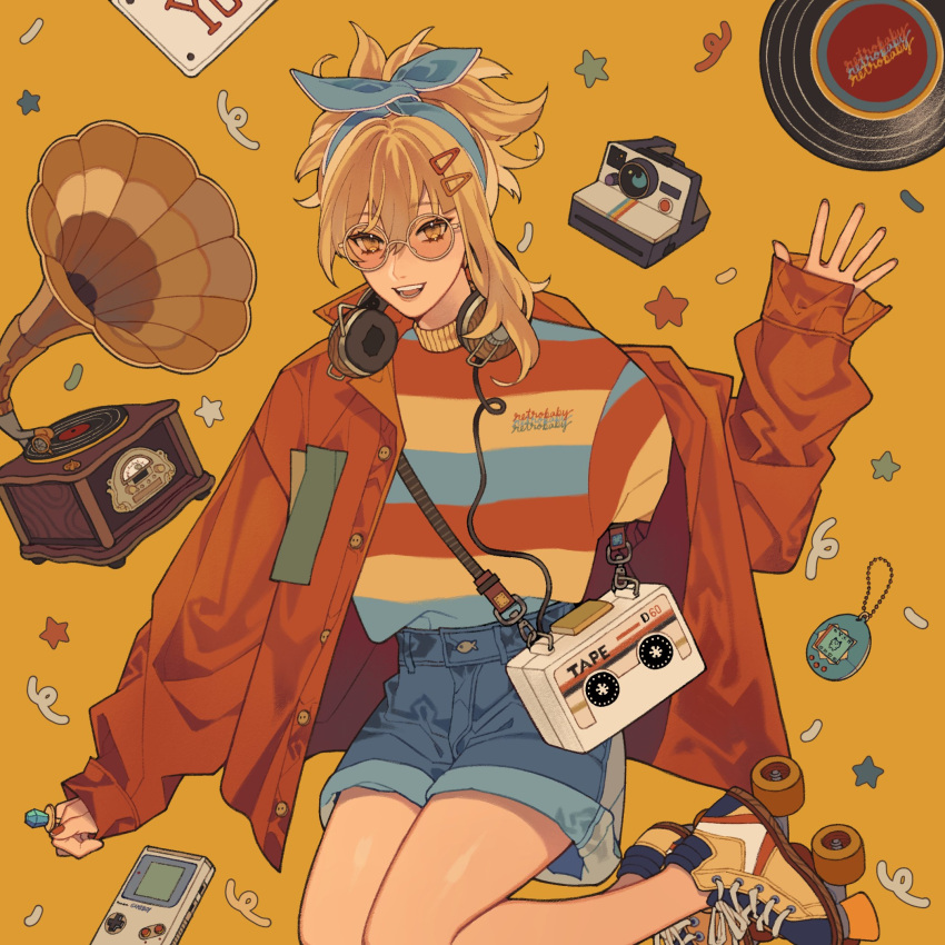 1girl :d blonde_hair blue_hairband blue_shorts blush buttons cable camera commentary confetti denim denim_shorts english_commentary eyelashes fingernails game_boy game_boy_(original) genshin_impact glasses hair_between_eyes hair_ornament hairband hairclip hand_up handheld_game_console headphones headphones_around_neck high_ponytail highres jacket license_plate long_sleeves looking_at_viewer misu_025 nail_polish off_shoulder open_clothes open_jacket open_mouth orange_jacket orange_nails phonograph polaroid ponytail record ring_pop roller_skates round_eyewear shirt_tucked_in shorts sidelocks simple_background skates sleeves_past_wrists smile solo star_(symbol) streamers striped striped_sweater sweater tamagotchi teeth turtleneck turtleneck_sweater upper_teeth_only waving yellow_background yellow_eyes yoimiya_(genshin_impact)