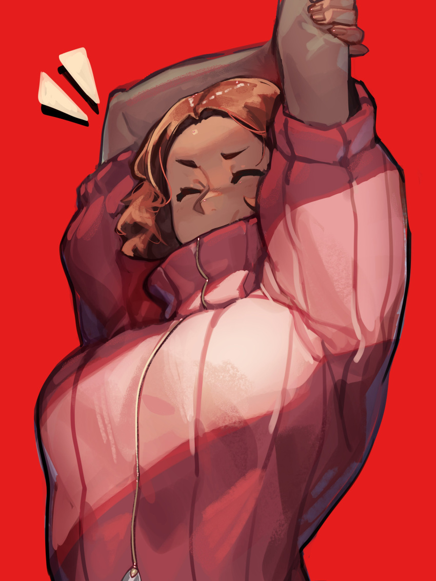 1girl absurdres arm_up arms_up barley_juice bob_cut breasts brown_hair closed_eyes highres long_sleeves medium_breasts medium_hair okumura_haru persona persona_5 pink_sweater red_background simple_background solo stretching sweater upper_body white_sleeves