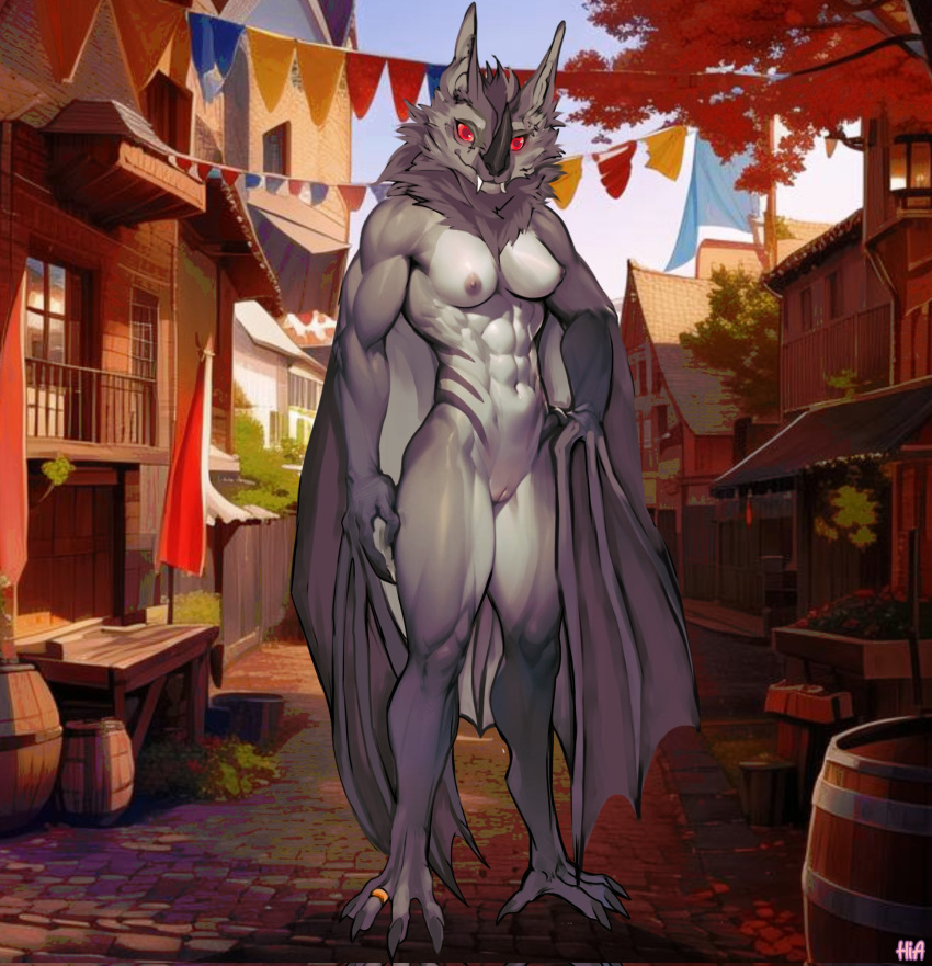 anthro bat bat_nose breasts building claws detailed_background eski fangs female fur grey_body grey_fur grey_hair h.i.a_dibujitos hair hi_res house looking_at_viewer mammal membrane_(anatomy) membranous_wings muscular muscular_anthro muscular_female nipples outside red_eyes solo teeth winged_arms wings