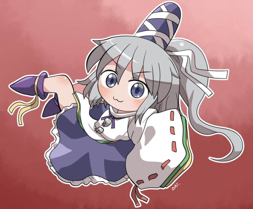 1girl blue_eyes blue_headwear blue_skirt blush closed_mouth frilled_skirt frills full_body grey_hair hair_between_eyes hat japanese_clothes kariginu long_hair mononobe_no_futo ponytail purple_footwear ribbon-trimmed_sleeves ribbon_trim rokugou_daisuke shoes signature skirt sleeves_past_fingers sleeves_past_wrists solo tate_eboshi touhou wide_sleeves