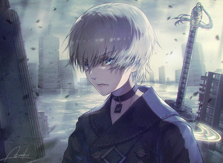 1boy 9s_(nier:automata) black_blindfold black_collar black_shirt blindfold blue_eyes building cloud cloudy_sky collar collared_shirt flood glowing lira_mist looking_at_viewer nier:automata nier_(series) parted_lips ruins shirt short_hair signature sky skyscraper solo sword sword_behind_back torn_blindfold upper_body water weapon white_hair