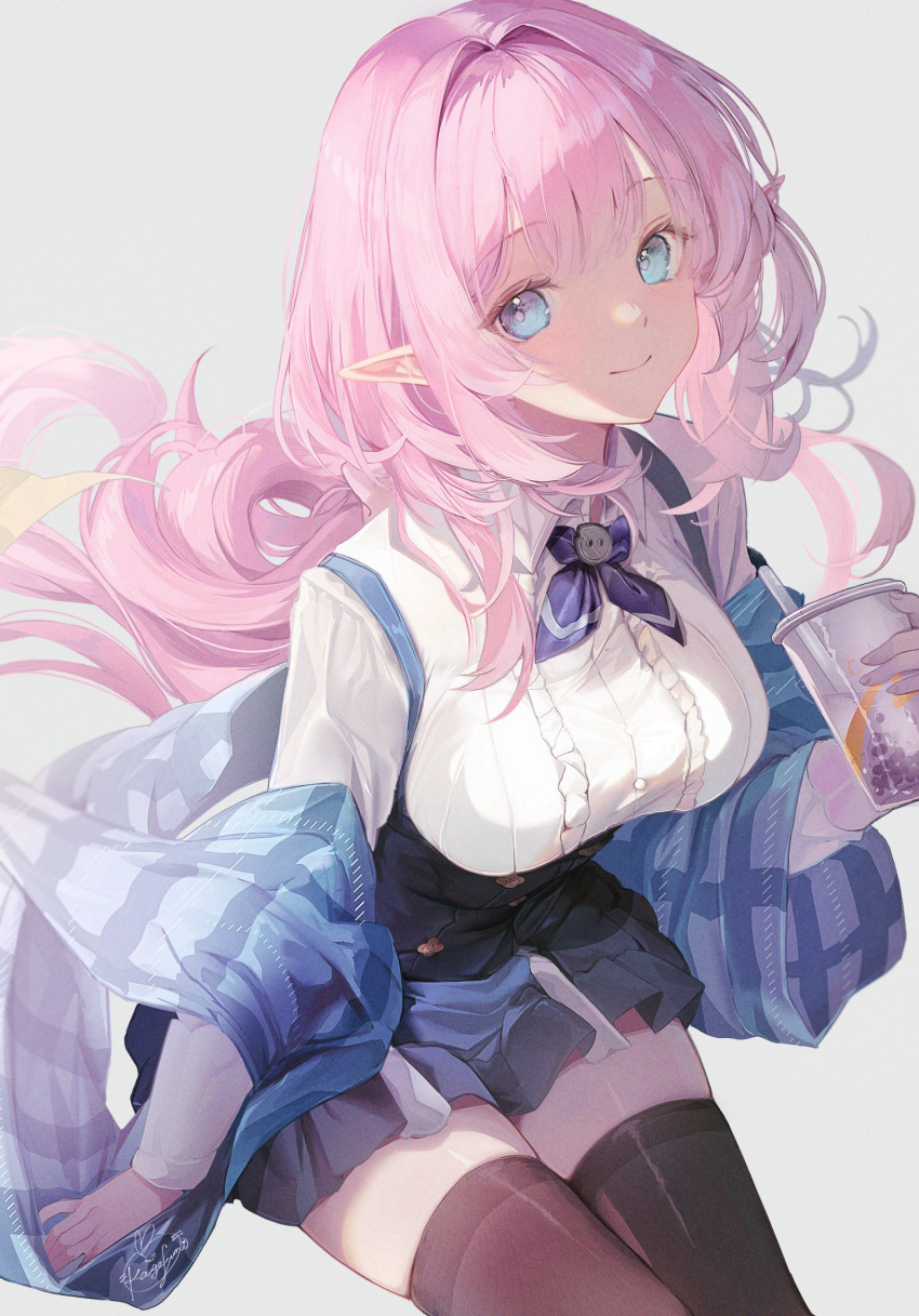 black_thighhighs blue_eyes blue_skirt breasts closed_mouth cowboy_shot cup elysia_(honkai_impact) english_commentary highres holding holding_cup honkai_(series) honkai_impact_3rd kagefumi large_breasts long_hair looking_at_viewer pink_hair pink_pupils pointy_ears skirt smile thighhighs