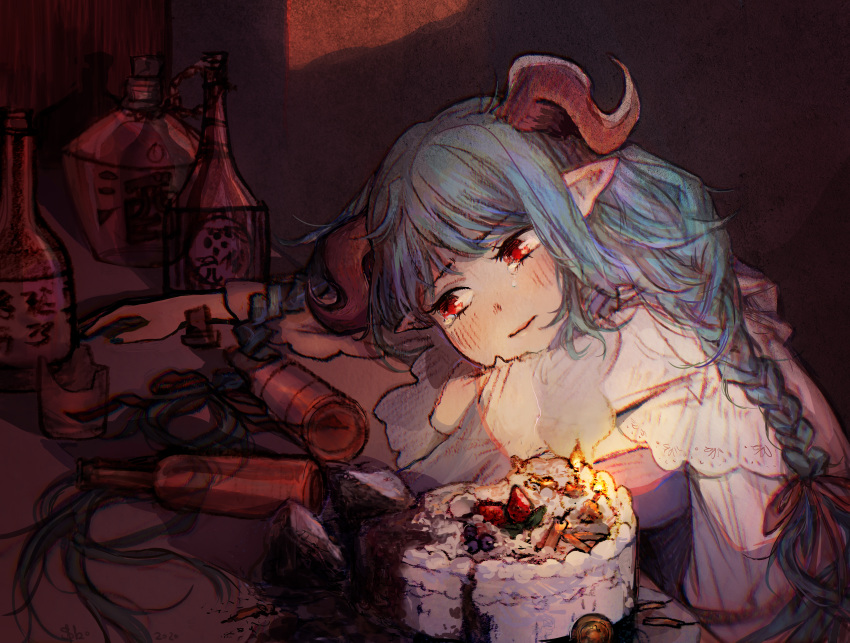 1girl absurdres alcohol beer_bottle blue_hair blush braid cake candle closed_mouth commission food granblue_fantasy highres horns lamretta long_sleeves pointy_ears red_eyes single_braid solo svveetberry