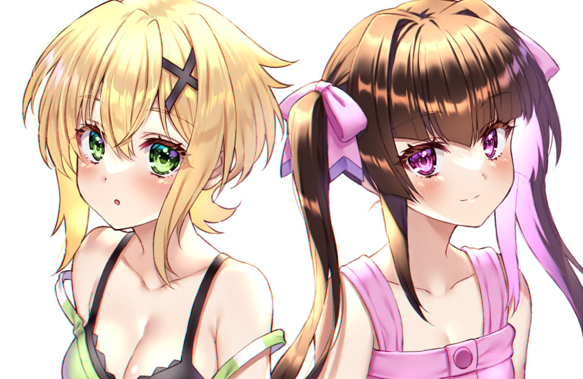 2girls akatsuki_kirika black_bra blonde_hair blush bra breasts brown_hair cleavage closed_mouth collarbone hair_ornament hair_ribbon large_breasts long_hair looking_at_viewer multiple_girls open_mouth pink_eyes ribbon senki_zesshou_symphogear short_hair simple_background small_breasts smile tsukuyomi_shirabe twintails underwear upper_body white_background x_hair_ornament yuuheisyoujyo