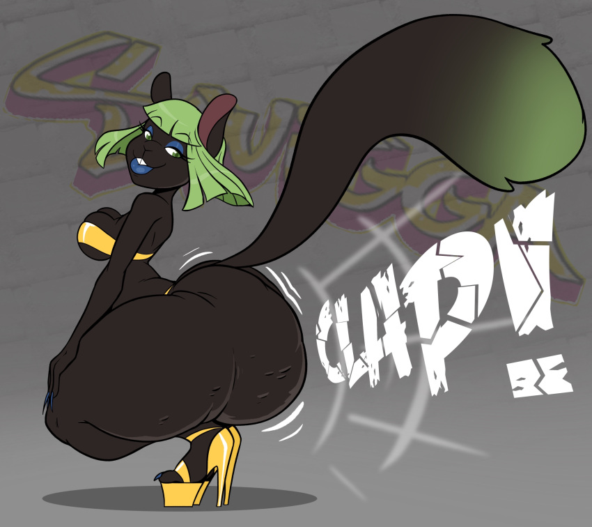 anthro blen_bodega breasts clothing female footwear green_hair hair hi_res high_heels mammal rodent sciurid solo squigga tree_squirrel twerking