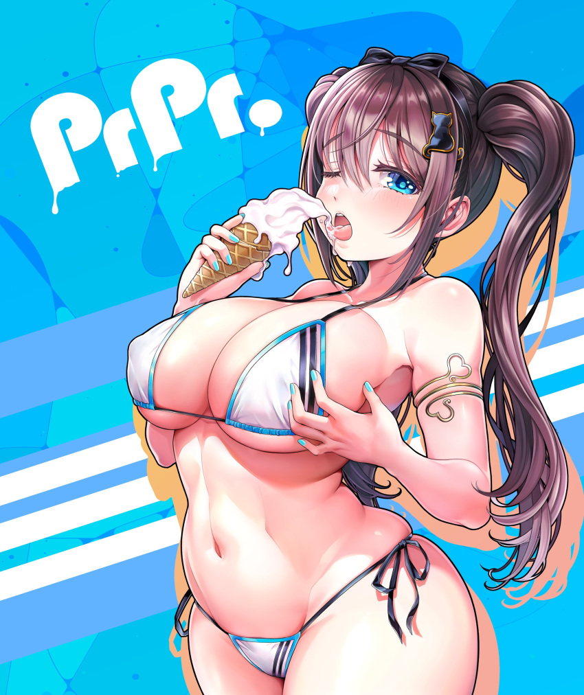 1girl aqua_eyes arched_back armband bikini blush breasts brown_hair cat_hair_ornament cleavage collarbone commentary_request covered_nipples curvy eating food hair_ornament hair_ribbon highres ice_cream ice_cream_cone long_hair looking_at_viewer medium_breasts navel one_eye_closed open_mouth original ribbon side-tie_bikini_bottom solo standing stomach swimsuit tongue tongue_out twintails underboob v-mag white_bikini