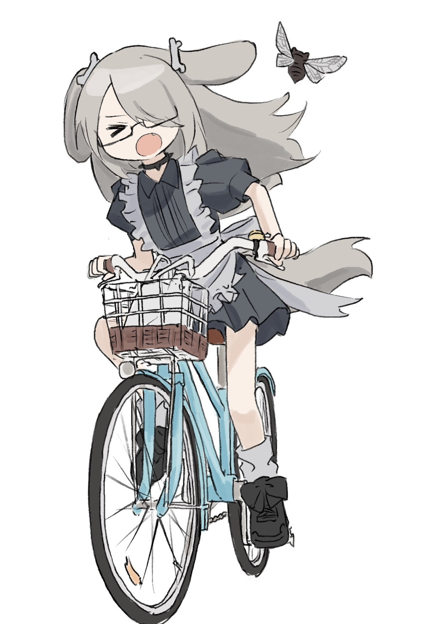 &gt;_&lt; 1girl :o animal_ears apron back_bow bicycle bicycle_basket black_bow black_dress black_footwear bone_hair_ornament borrowed_character bow bug cicada collar collared_dress commentary_request dog_ears dog_girl dog_tail dress fang fleeing footwear_bow full_body glasses gomibako_(gomibako_price) grey_apron grey_bow grey_hair grey_socks hair_ornament hair_over_one_eye highres long_hair loose_socks maid maid_apron nuinuiwawan_(character) one_eye_covered open_mouth original puffy_short_sleeves puffy_sleeves riding riding_bicycle semi-rimless_eyewear shoes short_dress short_sleeves simple_background sneakers socks solo spiked_collar spikes tail white_background