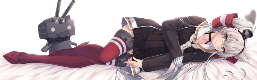 1girl amatsukaze_(kancolle) amatsukaze_kai_ni_(kancolle) black_dress breasts dakimakura_(medium) dress garter_straps gloves grey_eyes grey_hair grey_neckerchief hair_tubes kantai_collection kochipu long_hair lying neckerchief on_back on_side red_thighhighs sailor_collar sailor_dress single_glove small_breasts smoke_heart smokestack_hair_ornament solo thighhighs two_side_up white_gloves white_sailor_collar