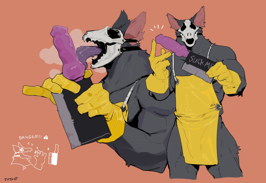 2023 anthro apron bebebebebe biped bone canid canine cleaver_(knife) clothing cutlery digital_media_(artwork) dildo dildo_lick empty_eyes fur gloves grey_body grey_fur handwear hi_res kitchen_knife kitchen_utensils knife knotted_dildo licking male mammal monotone_body monotone_fur orange_background sex_toy simple_background skull skull_head solo tongue tongue_out tools