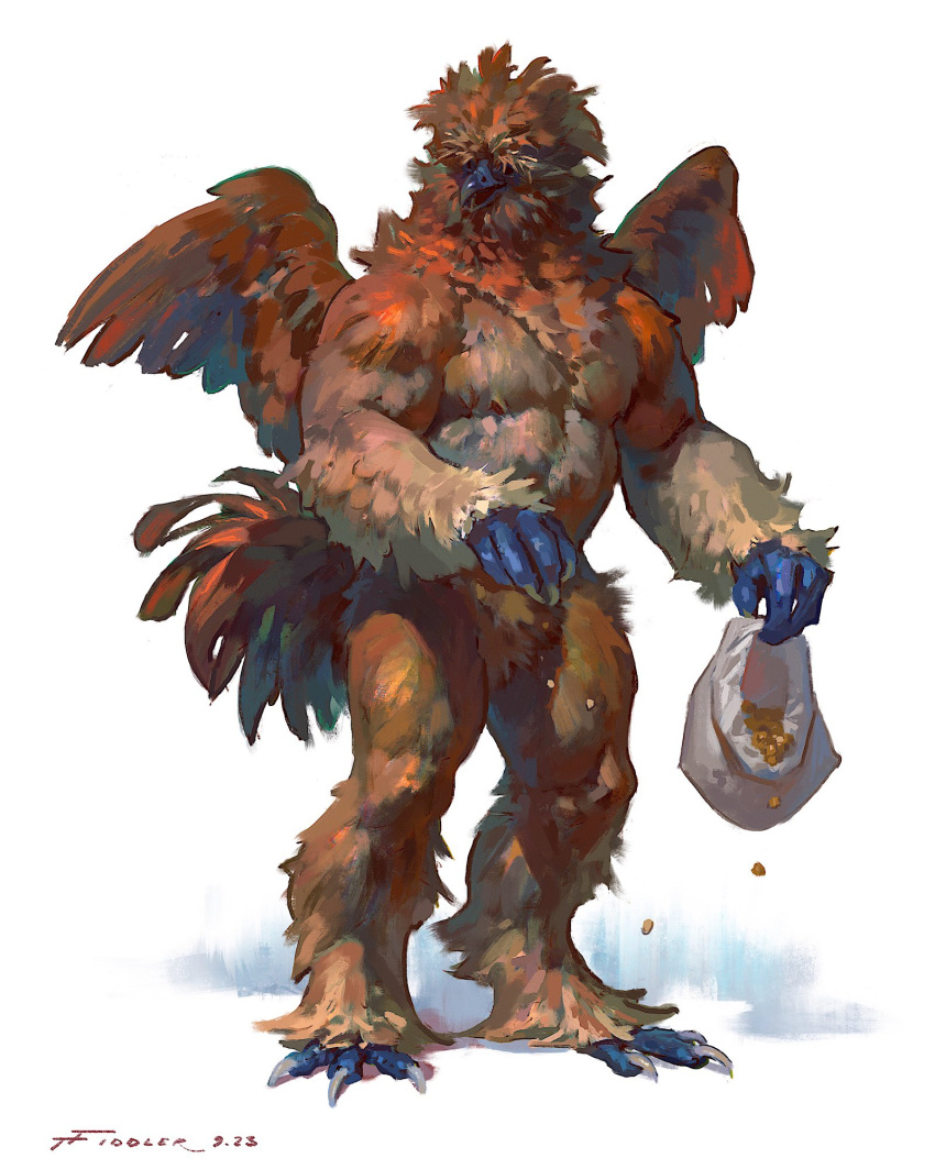 2023 anthro avian barazoku beak biceps biped bird chicken crotch_tuft digital_media_(artwork) feathered_wings feathers galliform gallus_(genus) hi_res holding_object male musclegut muscular muscular_anthro muscular_male nude orange_body orange_feathers pecs phasianid simple_background solo tail_feathers talons tan_body tan_feathers taran_fiddler tuft were wereavian werebird werechicken white_background wings