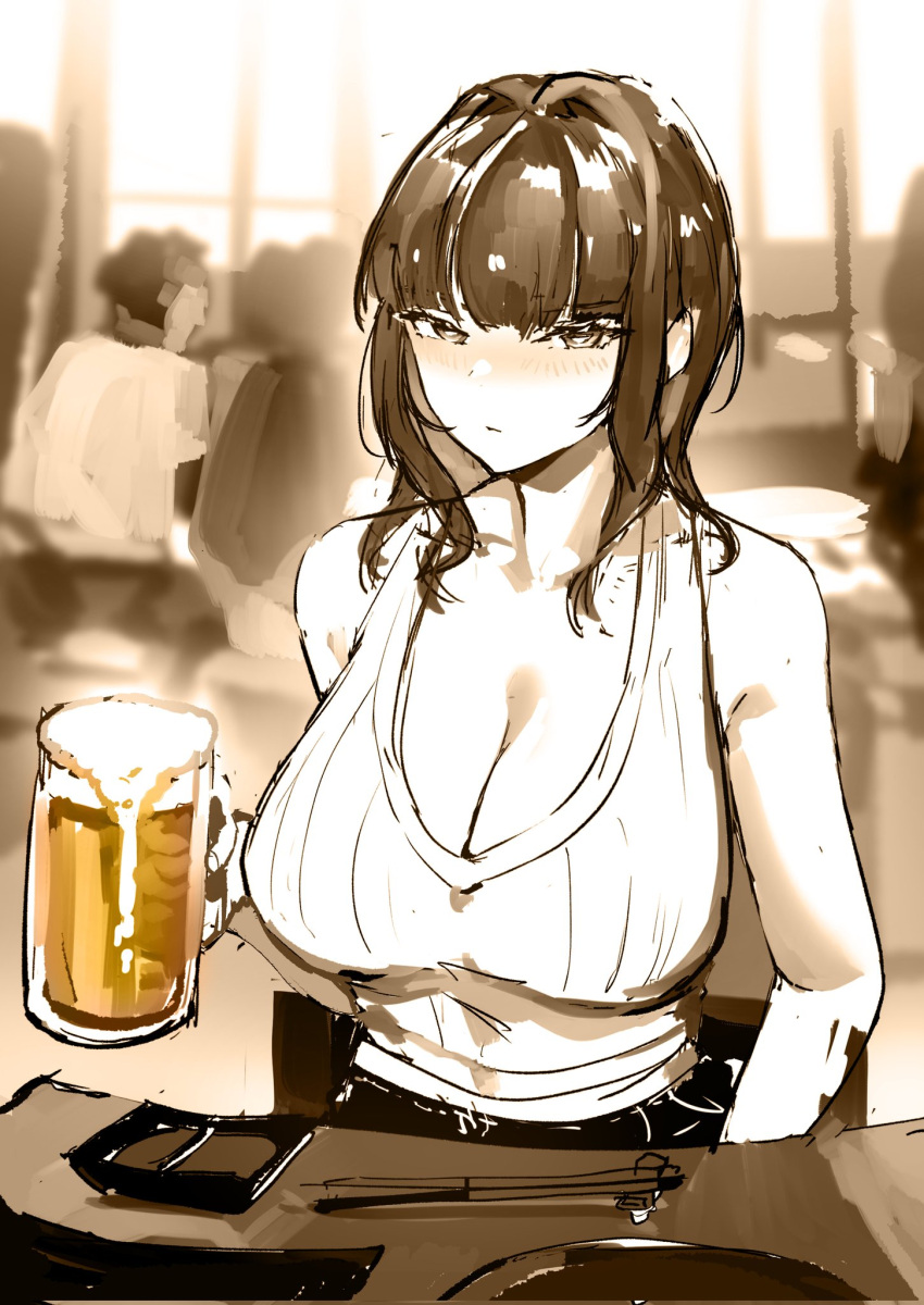 1girl beer_mug blush breasts chopsticks cleavage collarbone crowd cup hair_intakes highres indoors large_breasts looking_at_viewer lynus medium_hair monochrome mug naoko-san original pub sidelocks sitting tray window