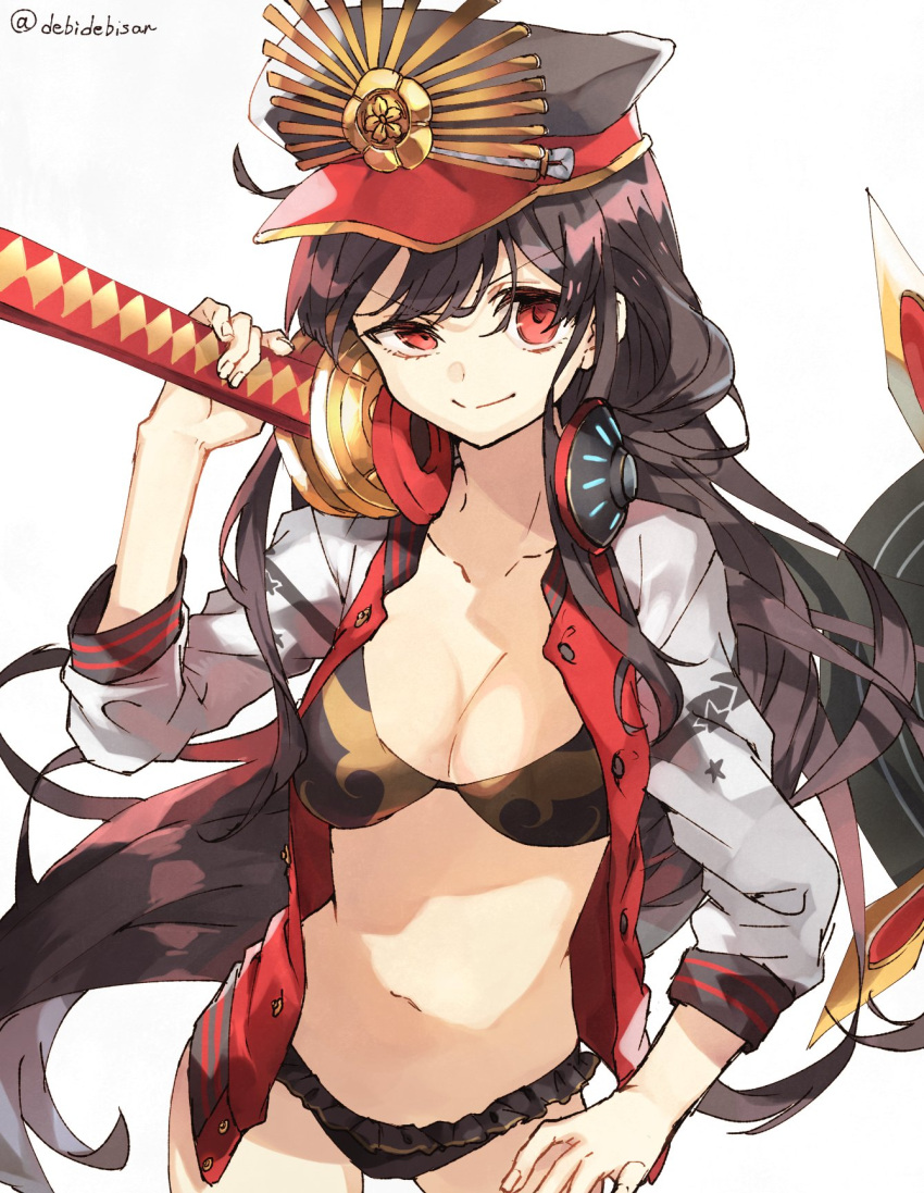 1girl bikini black_bikini black_hair breasts chibirisu cleavage collarbone commentary_request contrapposto cowboy_shot fate/grand_order fate_(series) hand_on_own_hip hat headphones headphones_around_neck highres jacket jacket_over_swimsuit katana long_hair looking_at_viewer medium_breasts oda_nobunaga_(fate) oda_nobunaga_(swimsuit_berserker)_(fate) oda_uri over_shoulder red_eyes smile solo swimsuit sword sword_over_shoulder thighs twitter_username very_long_hair weapon weapon_over_shoulder white_jacket