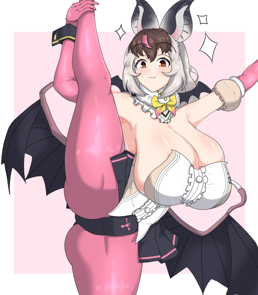 1girl abrams animal_ears bat_ears bat_girl bat_wings breasts brown_eyes brown_hair brown_long-eared_bat_(kemono_friends) elbow_gloves extra_ears gloves grey_hair highres huge_breasts kemono_friends kemono_friends_v_project large_breasts leotard long_hair looking_at_viewer microphone pantyhose pink_background simple_background skirt solo virtual_youtuber wings