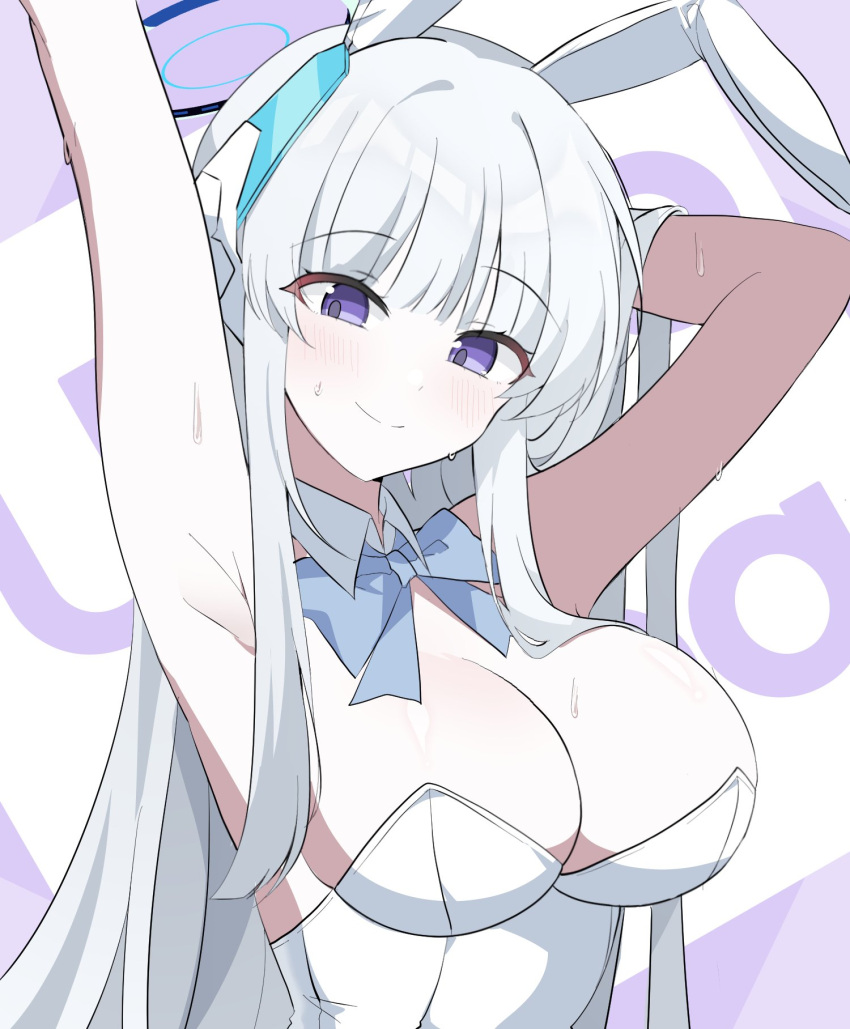 1girl alternate_costume bare_shoulders blue_archive hair_ornament halo highres long_hair looking_at_viewer mechanical_ears noa_(blue_archive) playboy_bunny purple_eyes rabbit_hair_ornament seno_(senohime) solo white_hair