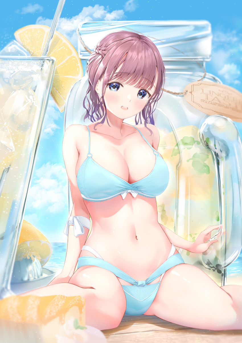 1girl absurdres aqua_bra aqua_panties bare_arms blue_eyes blue_sky blunt_bangs bra braid breasts brown_hair cleavage cloud collarbone commentary_request day drinking_straw food fruit fujinomiya_rio glass highres large_breasts lemon lingerie navel open_mouth original outdoors oversized_object panties sitting sky solo stomach teeth thighs underwear underwear_only upper_teeth_only wariza