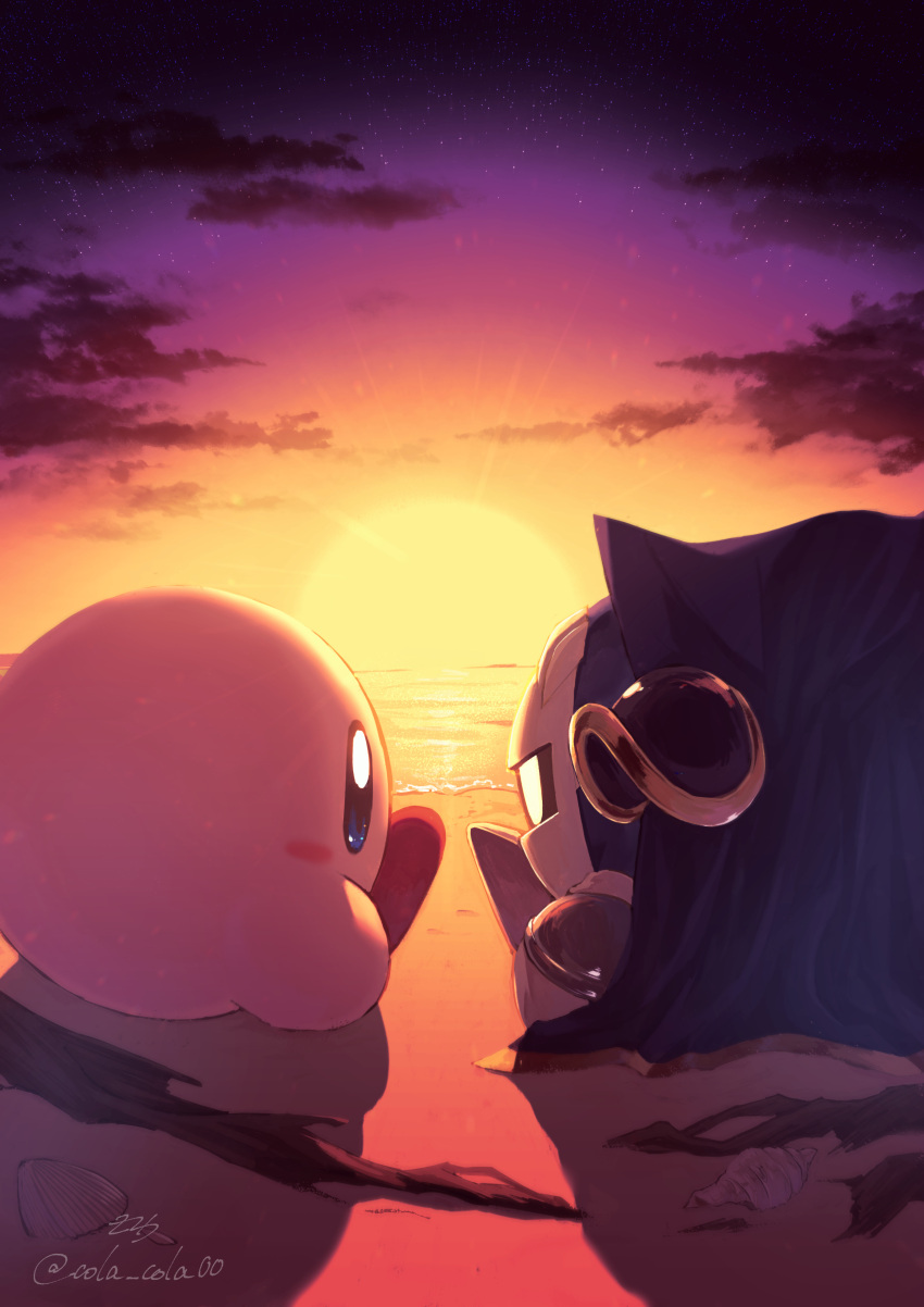 2boys absurdres beach blue_eyes cape cloud cloudy_sky cola_cola00 commentary_request highres kirby kirby_(series) male_focus mask meta_knight multiple_boys outdoors red_footwear shadow sitting sky sunset yellow_eyes