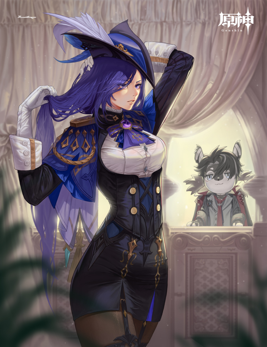 1boy 1girl absurdres alternate_hairstyle animal_ears arm_behind_head ascot black_coat black_corset black_hair black_pantyhose black_skirt blue_ascot blue_cape blue_hair blue_headwear breasts button_gap cape clorinde_(genshin_impact) coat copyright_name corset dark_blue_hair dog_boy dog_ears elbow_gloves epaulettes fold-over_gloves framed_breasts fur-trimmed_coat fur_trim genshin_impact gloves grey_hair hair_down hair_lift hat hat_feather high-waist_skirt highres indoors kemonomimi_mode large_breasts long_hair multicolored_hair necktie pantyhose parted_lips pencil_skirt purple_eyes red_necktie shirt short_hair skirt streaked_hair taut_clothes taut_shirt thigh_strap tricorne two-sided_coat two-sided_fabric tying_hair very_long_hair vision_(genshin_impact) white_gloves white_shirt wriothesley_(genshin_impact) zipuragi