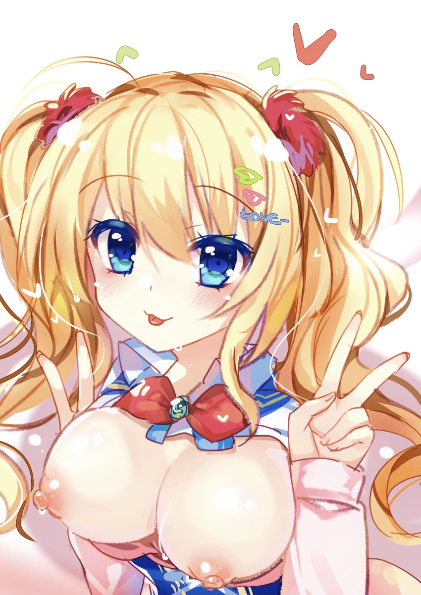 1girl :3 :p absurdres ahoge blonde_hair blue_eyes blush bow bra bra_pull breasts breasts_out cleavage clothes_pull colored_eyelashes commentary_request double_v eyelashes eyes_visible_through_hair gyaru hair_between_eyes hair_ornament hairclip heart heart_hair_ornament highres imoe_(1017933989) kin-iro_loveriche kisaki_reina large_breasts long_hair looking_at_viewer nipples pom_pom_(clothes) pom_pom_hair_ornament red_bow school_uniform shirt simple_background sleeves_past_wrists smile solo sweat tongue tongue_out twintails underwear upper_body v wavy_hair white_background white_shirt