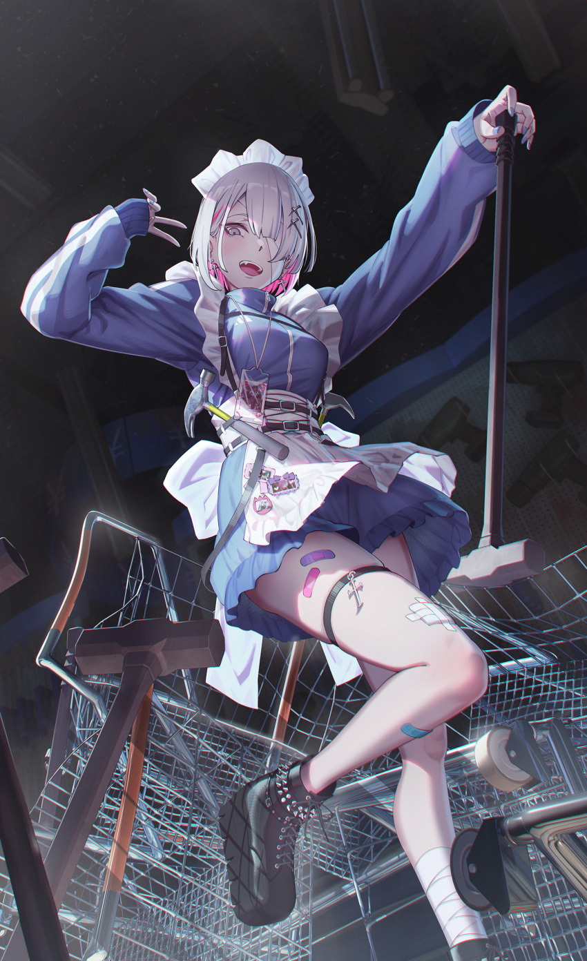 1girl :d apron arms_up bandage_over_one_eye bandaged_leg bandages black_footwear blue_jacket blue_skirt breasts commentary_request cross cross_earrings earrings frilled_apron frilled_skirt frills grey_eyes grey_hair grey_nails hair_ornament hair_over_one_eye hammer highres hironii_(hirofactory) indoors jacket jersey_maid jewelry maid maid_headdress medium_breasts multicolored_hair nail_polish original pink_hair power_drill shoes shopping_cart skindentation skirt sledgehammer smile solo spiked_footwear spiked_shoes spikes track_jacket two-tone_hair unconventional_maid white_apron
