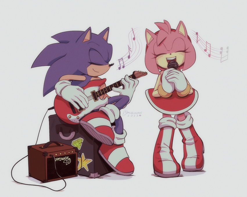 1boy 1girl 2023 amy_rose animal_ears animal_nose artist_name bare_shoulders bass_guitar blue_fur boots bracelet closed_eyes closed_mouth crossed_legs dress english_commentary eyelashes furry furry_female furry_male gem_(symbol) gloves gold_bracelet gold_trim guitar hairband hands_up hedgehog hedgehog_ears hedgehog_girl highres holding holding_instrument holding_microphone instrument jewelry microphone music musical_note open_mouth pink_fur playing_instrument red_dress red_footwear red_hairband shadow shoes simple_background singing sitting sleeveless sleeveless_dress smile sneakers socks sonic_(series) sonic_the_hedgehog spacecolonie star_(symbol) star_sticker teeth tongue two-tone_footwear white_background white_footwear white_gloves white_socks