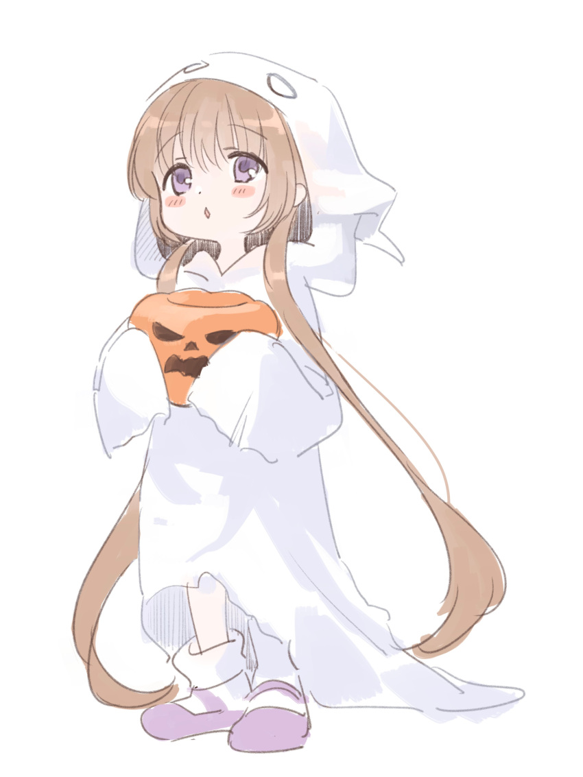 1girl absurdres alternate_costume blush_stickers brown_hair chipochopo324 commentary_request diamond_mouth food full_body ghost_costume highres holding holding_food holding_pumpkin holding_vegetable hood hood_up jack-o'-lantern long_hair looking_up loose_socks low_twintails mary_janes open_mouth pumpkin purple_eyes purple_footwear raised_eyebrows shoes simple_background sleeves_past_fingers sleeves_past_wrists socks solo trick-or-treating tsukuyomi_ai twintails vegetable very_long_hair voiceroid white_background white_socks