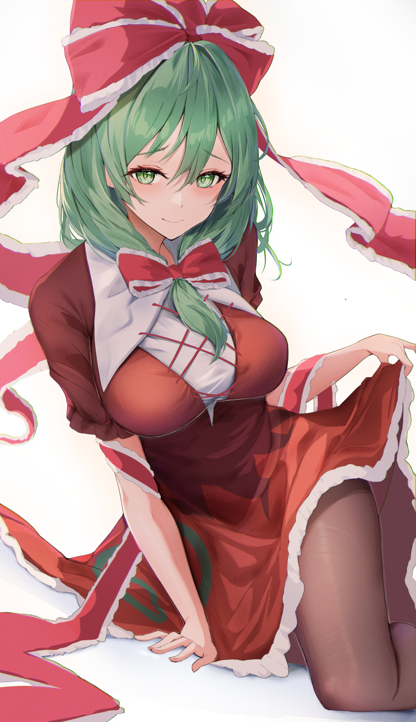 1girl 258n absurdres bad_anatomy black_pantyhose bow breasts closed_mouth commission dress frilled_bow frilled_dress frilled_ribbon frilled_sleeves frills front_ponytail green_eyes green_hair hair_between_eyes hair_bow hair_ribbon highres kagiyama_hina large_breasts long_hair pantyhose pixiv_commission red_bow red_dress red_ribbon ribbon short_sleeves simple_background smile solo touhou white_background