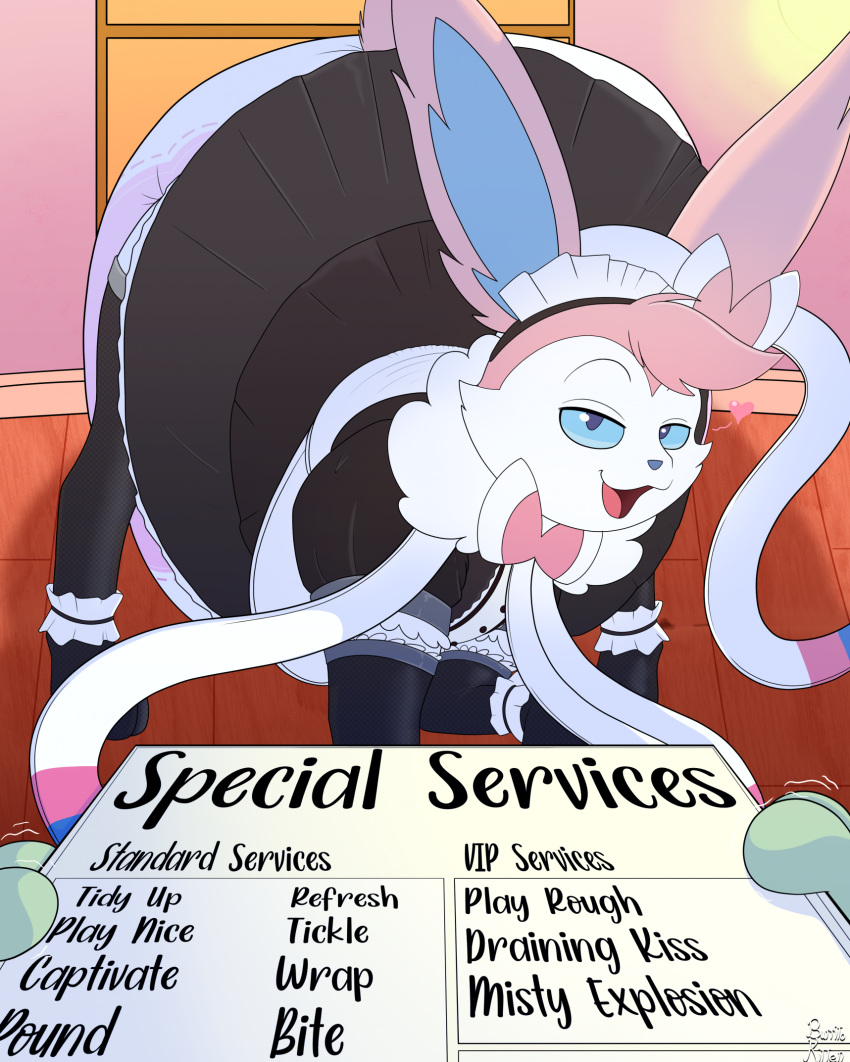 &lt;3 big_diaper black_clothing black_dress blue_eyes burritokitten clean_diaper clothing diaper diaper_fetish diaper_under_clothing drawer dress eeveelution english_text eyebrows flirting flirting_look flirting_with_viewer floor fur generation_6_pokemon head_tuft hi_res looking_at_viewer maid_uniform menu nintendo open_mouth paper pink_body pink_fur pokemon pokemon_(species) pokemon_move raised_eyebrows ribbons ribbons_(anatomy) shaking signature smile smiling_at_viewer sylveon text tuft uniform vip white_body white_diaper white_fur wood wood_floor