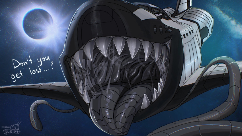 16:9 2023 aircraft ambiguous_gender bodily_fluids detailed_background dialogue dire_aircraft dire_machine dire_vehicle dixie_(ghostofyourdad) female_(lore) fever183 front_view half-closed_eyes hi_res living_aircraft living_machine living_vehicle looking_at_viewer machine moon mouth_shot narrowed_eyes not_furry open_mouth open_smile saliva saliva_string sharp_teeth smile solo space space_shuttle spacecraft teeth tendrils tongue tongue_out vehicle widescreen