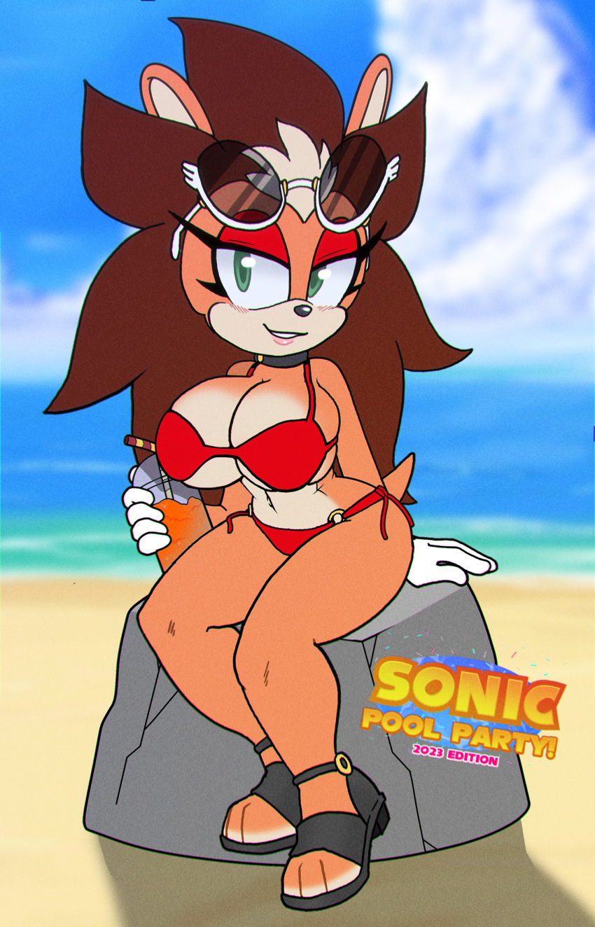 anthro auntymoira beach beverage big_breasts bikini blush blush_lines breasts clothing collar colored eyewear eyewear_on_head female gloves green_eyes hair handwear hi_res lagomorph leporid lionhead_rabbit long_ears long_hair looking_at_viewer makeup mammal mane mobian_rabbit rabbit seaside sitting smoothie solo straw sunglasses sunglasses_on_head sunny swimwear white_clothing white_gloves white_handwear zamboni_(oc)