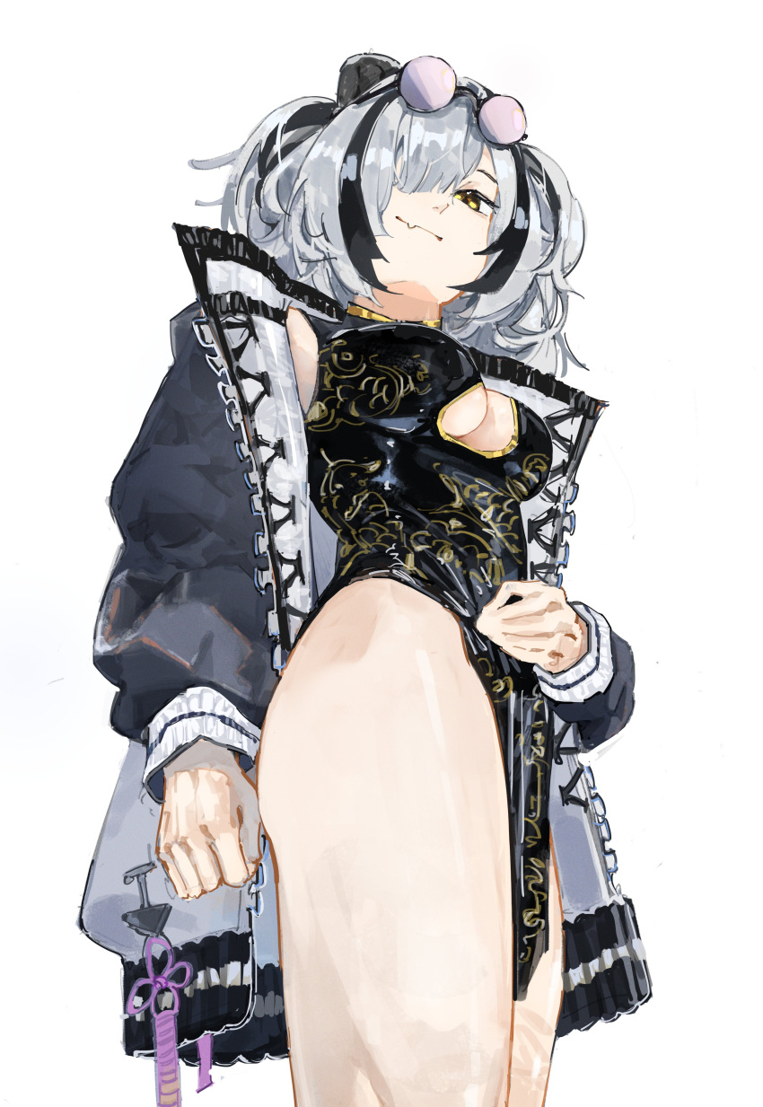 1girl absurdres arknights black_hair china_dress chinese_clothes dress english_commentary eyewear_on_head feater_(arknights) grey_hair hair_over_one_eye highres jacket looking_at_viewer monmon_(sleepymonmon) multicolored_hair open_clothes open_jacket short_hair solo white_background yellow_eyes