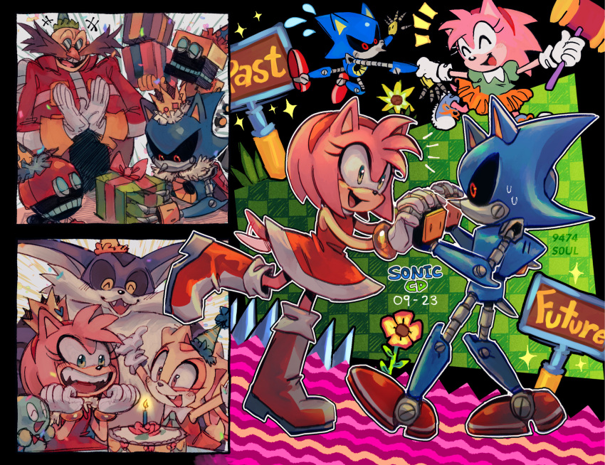 2girls 3boys 9474s0ul amy_rose animal_ears big_the_cat birthday blush boots box brown_eyes cake candle cat_boy cat_ears chao_(sonic) cheese_(sonic) child clapping closed_eyes commentary copyright_name cream_the_rabbit cubot dr._eggman dress english_commentary facial_hair female_child flower food furry furry_female furry_male gift gift_box gloves green_eyes happy hat highres holding holding_gift holding_hands long_sleeves looking_at_another metal_sonic multiple_boys multiple_girls mustache open_mouth orbot party_hat piko_piko_hammer rabbit_ears rabbit_girl rabbit_tail red_dress red_eyes red_footwear robot short_sleeves sign smile sonic_(series) sonic_cd sonic_the_hedgehog_(classic) standing standing_on_one_leg tail teeth white_gloves