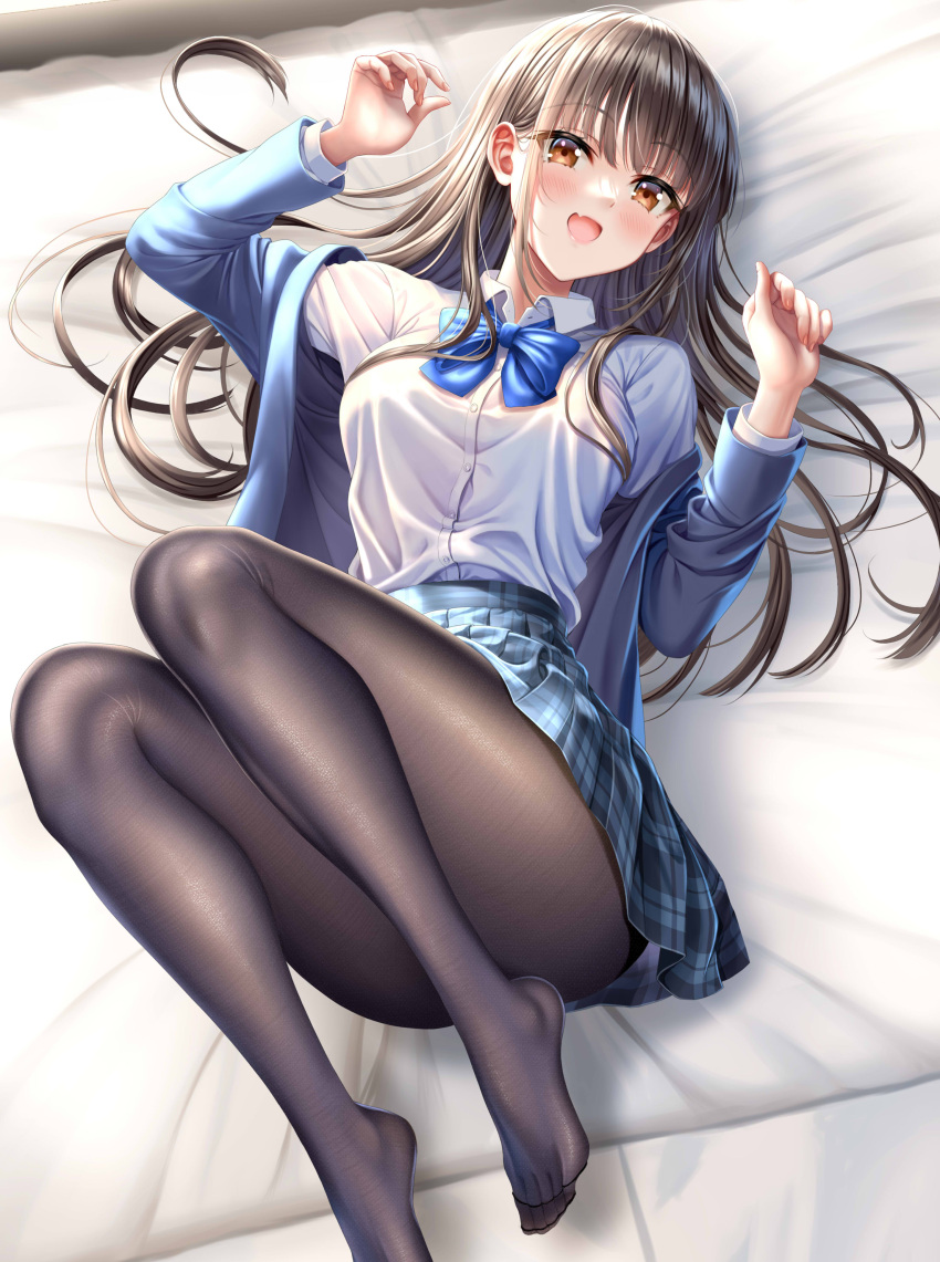 1girl :d absurdres bed_sheet black_pantyhose blue_bow blue_jacket blue_skirt blush bow breasts brown_eyes brown_hair collared_shirt convenient_leg fang highres indoors jacket long_hair long_sleeves looking_at_viewer lying medium_breasts no_shoes on_back on_bed open_clothes open_jacket open_mouth original pantyhose plaid plaid_skirt school_uniform shirt skin_fang skirt smile solo violetshit white_shirt