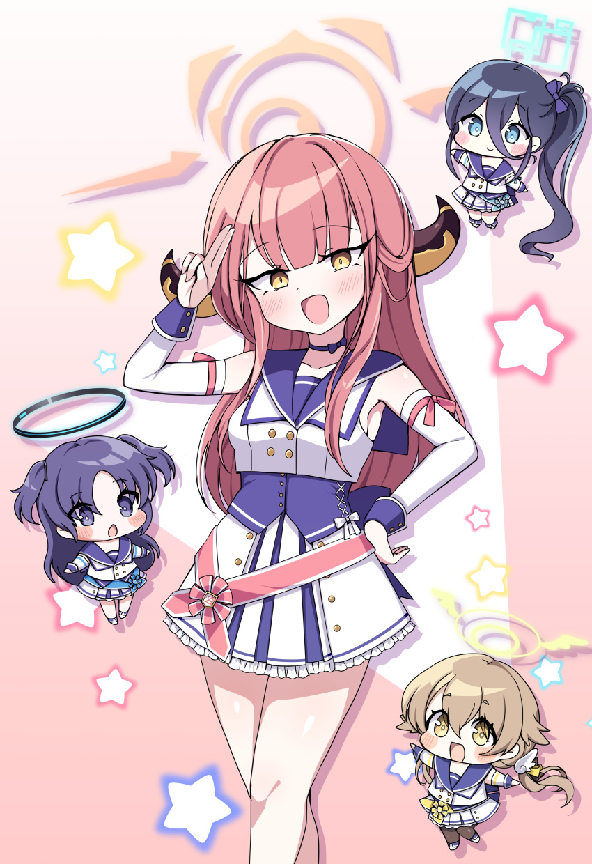 4girls :d :o absurdly_long_hair absurdres aris_(blue_archive) aru_(blue_archive) black_hair blue_archive blue_eyes blunt_bangs bow bow_chemise brown_hair chibi chibi_inset choker collarbone commentary_request demon_girl demon_horns detached_sleeves hair_between_eyes hair_bow hair_ribbon halo hand_on_own_head hand_on_own_hip hifumi_(blue_archive) highres horns idol long_hair long_sleeves looking_at_viewer low_twintails multiple_girls official_alternate_costume pleated_skirt purple_eyes purple_hair red_hair ribbon ribbon_choker side_ponytail sidelocks simple_background skirt smile solo_focus twintails two_side_up very_long_hair wing_hair_ornament yellow_eyes yukki_bunny yuuka_(blue_archive)