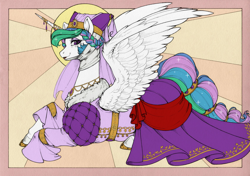 2023 absurd_res clothed clothing color_edit colored digital_media_(artwork) equid equine eyebrow_through_hair eyebrows eyelashes female feral friendship_is_magic hair hasbro hi_res hooves horn longinius looking_at_viewer mammal monochrome multicolored_hair my_little_pony princess_celestia_(mlp) purple_eyes quadruped solo tail third-party_edit translucent translucent_hair unicorn_horn winged_unicorn wings