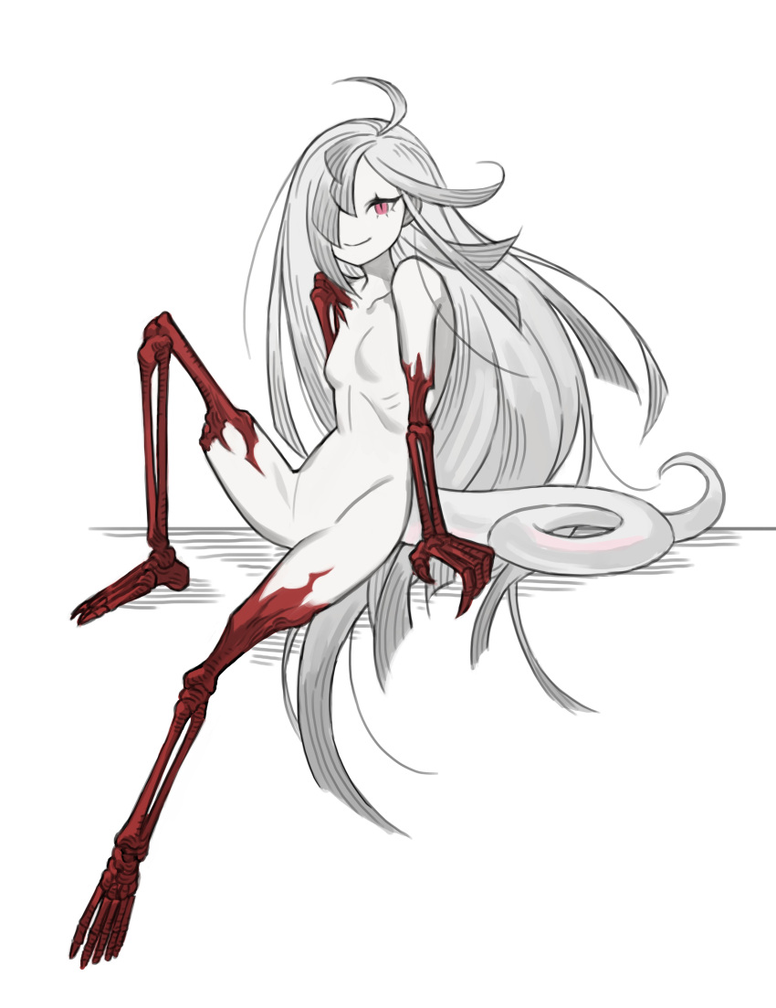 1girl absurdres ahoge breasts closed_mouth colored_skin completely_nude full_body hair_over_one_eye highres lizard_tail long_hair looking_at_viewer monster_girl multicolored_skin napal_(ve_xillum) nude original red_eyes red_skin simple_background skeletal_arm skeletal_leg slit_pupils small_breasts smile solo tail white_background white_hair white_skin