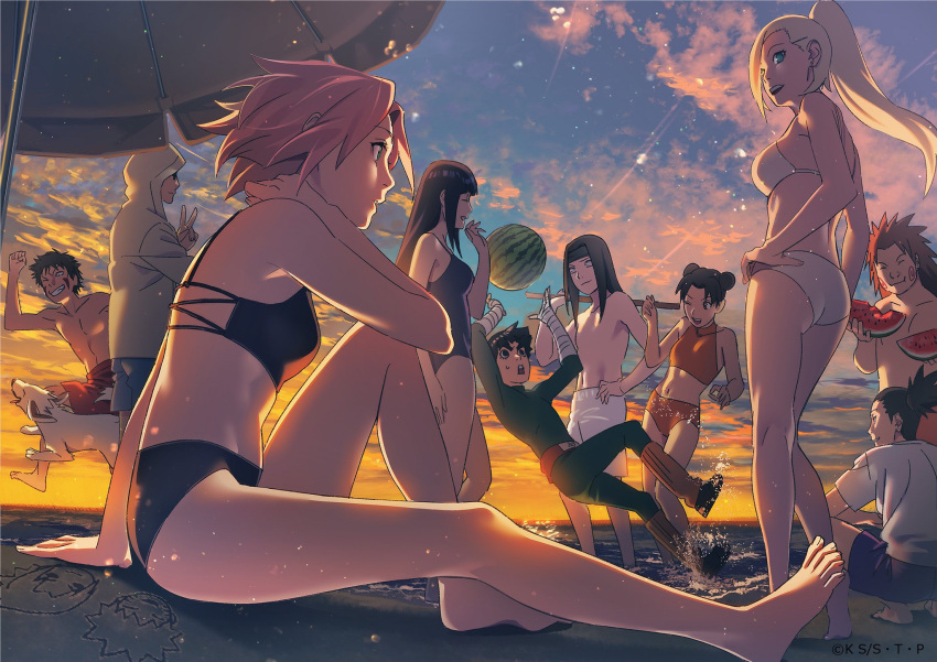 4girls 6+boys aburame_shino akamaru_(naruto) akimichi_chouji ass beach bikini dog food fruit haruno_sakura highres hood hyuuga_hinata hyuuga_neji inuzuka_kiba male_swimwear multiple_boys multiple_girls nara_shikamaru naruto_(series) naruto_shippuuden official_art one-piece_swimsuit ponytail rock_lee running sitting sumirecchi sunglasses sunset swim_trunks swimsuit tenten_(naruto) topless_male uchiha_sasuke uzumaki_naruto v water watermelon yamanaka_ino