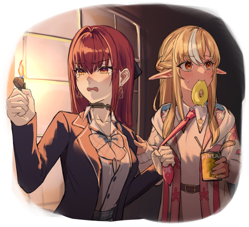 2girls blonde_hair bow bowtie breasts can choker crying crying_with_eyes_open dark_elf earrings eating elf fire food fruit hair_between_eyes highres holding holding_can holding_lighter hololive houshou_marine jewelry lighter long_hair long_sleeves medium_breasts multiple_girls necktie pineapple pineapple_slice pointy_ears red_hair shino_12a shiranui_flare tears upper_body virtual_youtuber