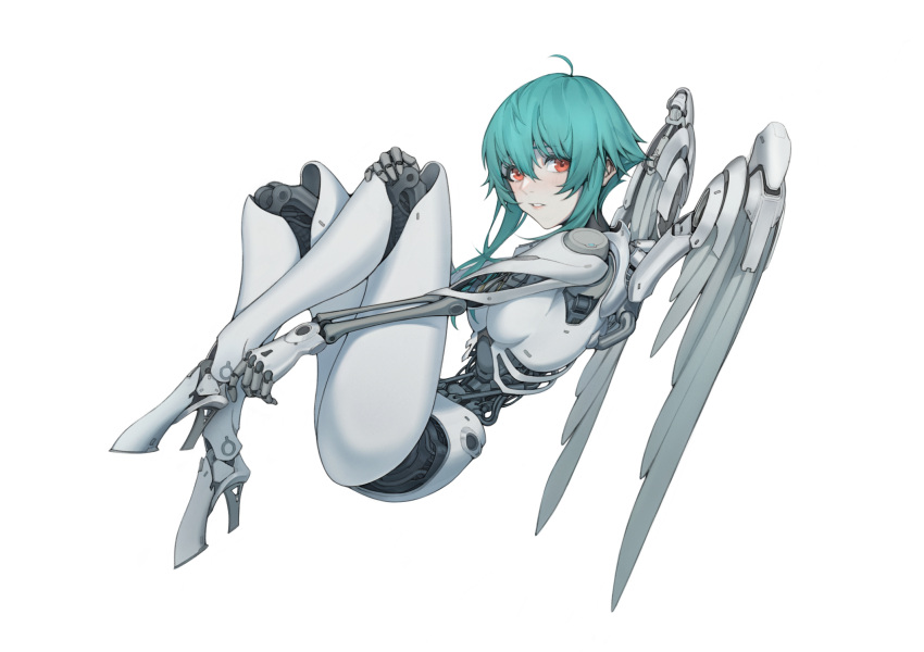 1girl ahoge aqua_hair cyborg from_side full_body hair_between_eyes highres holding_own_leg joints kirikiri looking_at_viewer mechanical_arms mechanical_foot mechanical_hands mechanical_legs mechanical_parts mechanical_wings original parted_lips red_eyes robot_joints short_hair_with_long_locks simple_background solo white_background wings