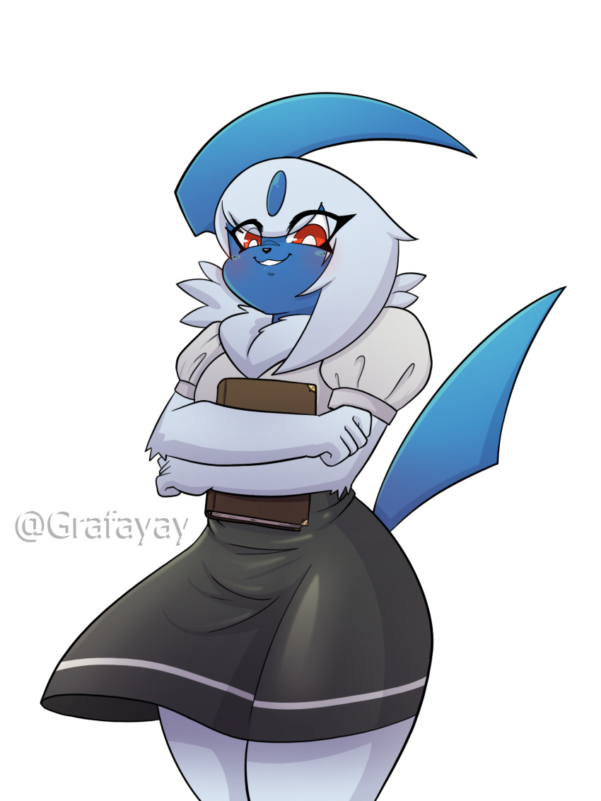 2023 3:4 absol ambiguous_gender anthro biped blue_body blush bottomwear clothed clothing generation_3_pokemon grafayay hi_res looking_at_viewer nintendo pokemon pokemon_(species) red_eyes school_uniform skirt smile solo uniform white_body