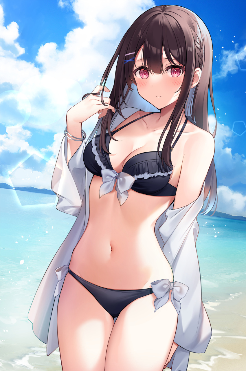 1girl absurdres bare_shoulders bikini blue_sky blush bracelet breasts brown_hair closed_mouth cloud cloudy_sky collarbone day hair_ornament highres jewelry kisaragi_yuri long_hair long_sleeves looking_at_viewer medium_breasts navel ocean off_shoulder original outdoors purple_eyes simple_background sky solo stomach swimsuit water x_hair_ornament