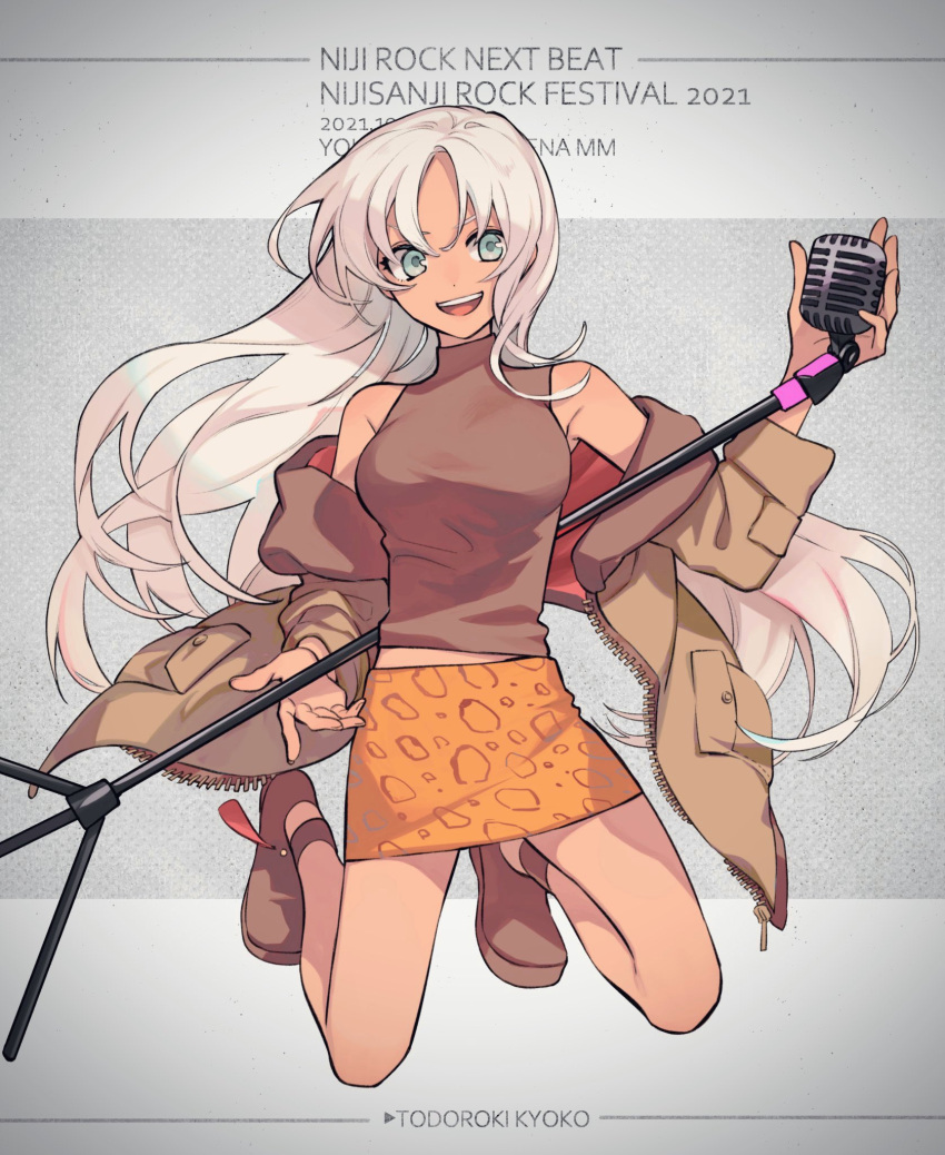 1girl brown_footwear brown_jacket brown_shirt brown_skirt character_name copyright_name dark_skin full_body green_eyes highres holding holding_microphone holding_microphone_stand iv_4t jacket kneeling long_hair microphone microphone_stand miniskirt nijisanji off_shoulder open_clothes open_jacket orange_skirt shirt skirt sleeveless sleeveless_shirt solo todoroki_kyouko virtual_youtuber white_hair