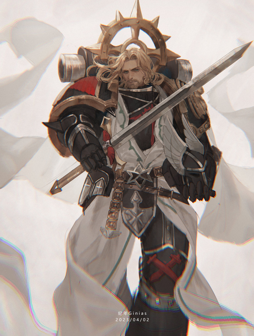 1boy 2023 absurdres armor artist_name beard blonde_hair cape closed_mouth dark_angels dated facial_hair full_armor gauntlets ginias green_eyes helmet highres holding holding_helmet holding_sword holding_weapon lion_el'jonson long_hair looking_at_viewer male_focus pauldrons primarch shoulder_armor solo sword warhammer_40k weapon white_background white_cape