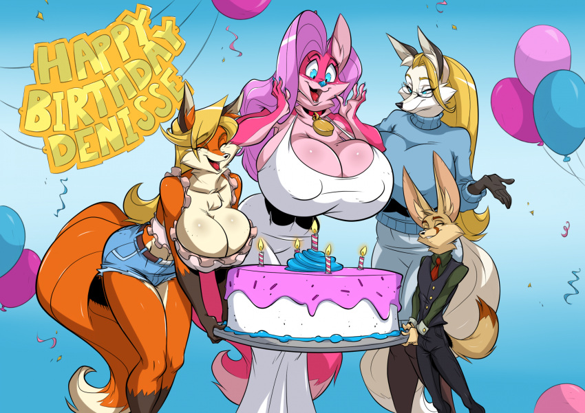 big_breasts birthday_cake blonde_hair breast_size_difference breasts cake canid canine denisse dessert eyewear female food fur glasses group hair hi_res huge_breasts jludragoon larger_female male mammal pink_body pink_fur size_difference smaller_male