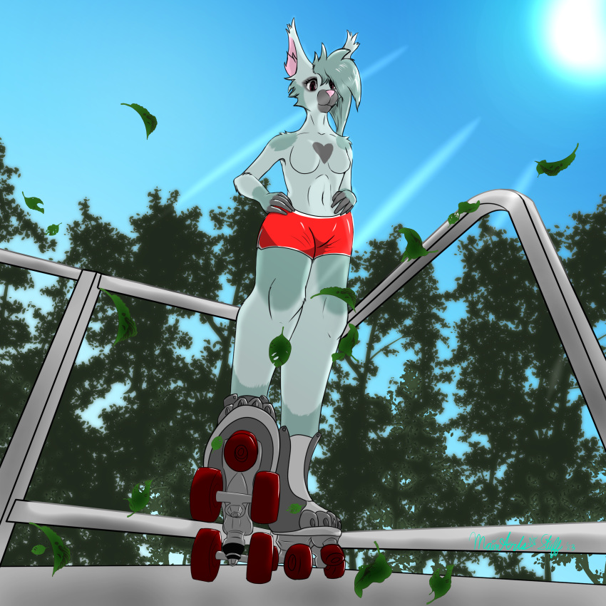 absurd_res anthro bottomwear clothed clothing feet felid feline female hi_res hotpants lynx mainarts mammal paws plant roller_skates shorts solo sunny toes topless tree