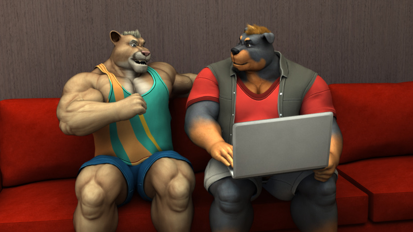 3d_(artwork) allen_(braford) anthro belly biceps black_body black_clothing black_fur black_hair black_topwear black_vest blonde_hair blue_bottomwear blue_clothing blue_shorts bottomwear braford brown_body brown_fur brown_wall canid canine canis chubby_anthro chubby_male claws clothing computer cougar deltoids digital_media_(artwork) domestic_dog duo facial_hair felid feline finger_claws fur furniture gesture goatee green_clothing green_shirt green_tank_top green_topwear hair house_of_beef inside julian_(braford) laptop laptop_on_lap looking_at_another male mammal mastiff molosser muscular muscular_anthro muscular_male muscular_thighs pattern_clothing pattern_shirt pattern_topwear pecs pointing pointing_at_self red_clothing red_shirt red_t-shirt red_topwear rottweiler shirt shorts sitting sofa striped_clothing striped_shirt striped_topwear stripes t-shirt tan_body tan_fur tank_top topwear vest white_body white_bottomwear white_clothing white_fur white_shorts yellow_stripes